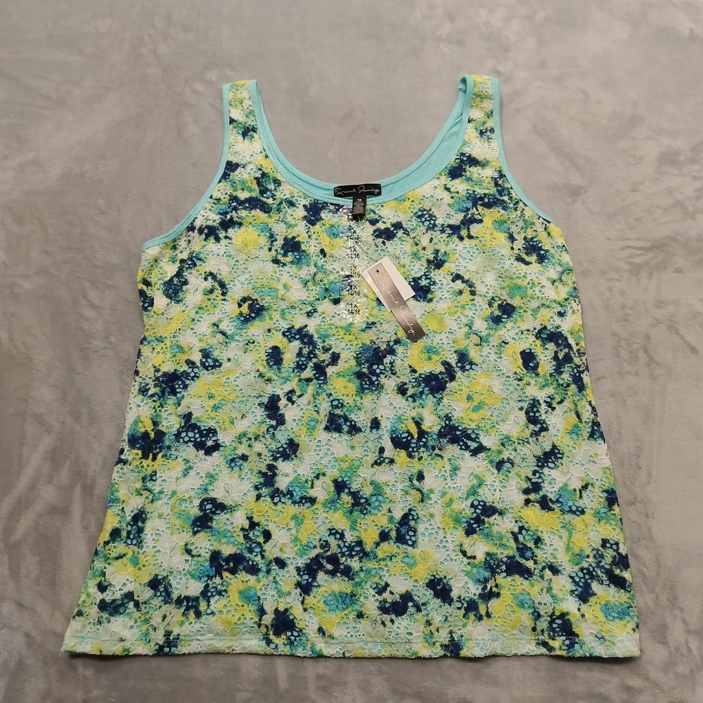 French Laundry Shirt Womens 1X Aqua Blue Lace Overlay Floral Sleeveless Tank Top